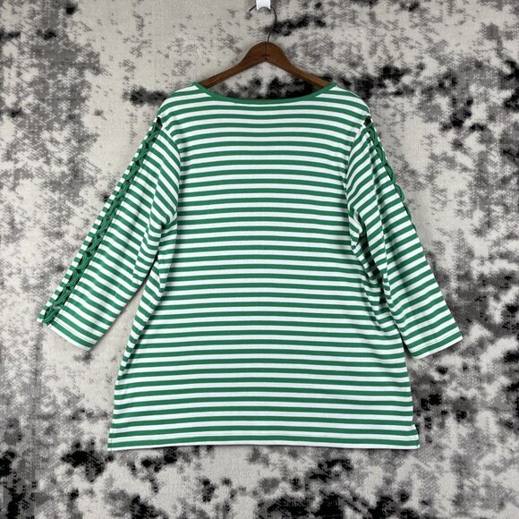 Quacker Factory Top Womens Size Large Green Striped Rhinestone Cross Lace Sleeve - Picture 2 of 14